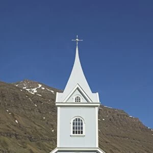 Blue Lutheran church at Seydisfjordur ferry terminal village