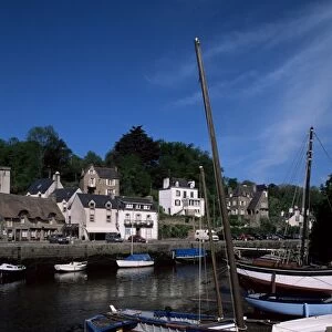 Blue sailing dinghy and River Aven, Pont-Aven, Brittany, France, Europe