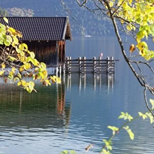 Boat house at Walchensee Lake in autumn, Bavarian Alps, Upper Bavaria, Bavaria, Germany, Europe