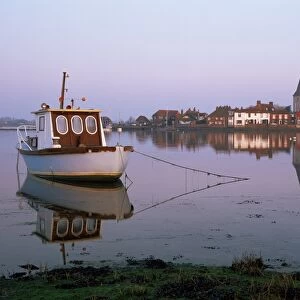 Boat moored in tidal creek, Bosham village, West Sussex, England, United Kingdom, Europe