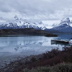 Boatdock, reflections in Lago Pehoe, Torres del Paine National Park, Patagonia, Chile, South America