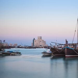 Boats in Doha Bay and Museum of Islamic Art, Doha, Qatar, Middle East