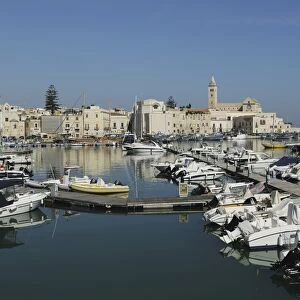 Boats in the harbour by the cathedral of St. Nicholas the Pilgrim (San Nicola Pellegrino) in Trani