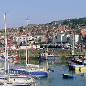 Boats in harbour and seafront, Scarborough, Yorkshire, England, United Kingdom, Europe