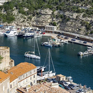Boats moored in the marina in the southern Corsica town of Bonifacio, Corsica, France