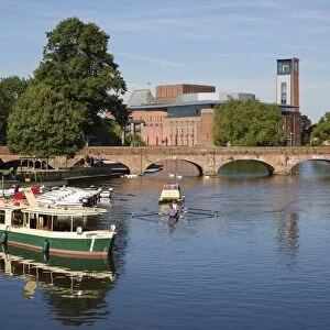 Boats on the River Avon and the Royal Shakespeare Theatre, Stratford-upon-Avon, Warwickshire, England, United Kingdom, Europe