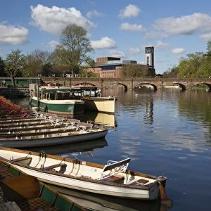 Boats on the River Avon and the Royal Shakespeare Theatre, Stratford-upon-Avon, Warwickshire