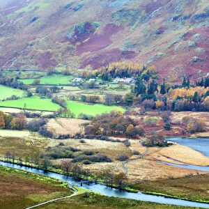 Borrowdale in autumn from Surprise View in Ashness Woods near Grange, Lake District National Park, Cumbria, England, United Kingdom, Europe