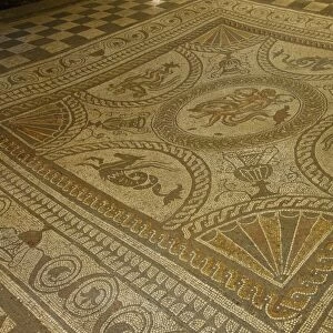 Boy on a dolphin and a flying horse, centre of mosaic floor, Fishbourne Roman Palace