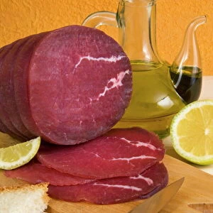 Bresaola, air-dried salted beef, Valtellina, Val Telline, Lombardy, Italy, Europe