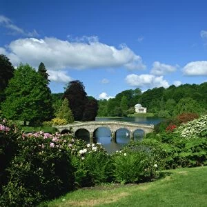 Bridge over lake at Stourhead Gardens, Wiltshire, England, United Kingdom, Europe