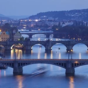 Bridges over the Vltava River including Charles Bridge, UNESCO World Heritage Site, and Old Town with Old Town Bridge Tower, Prague, Bohemia, Czech Republic, Europe