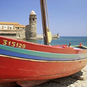 Brightly painted fishing boat, Collioure, Cote Vermeille, Languedoc Roussillon
