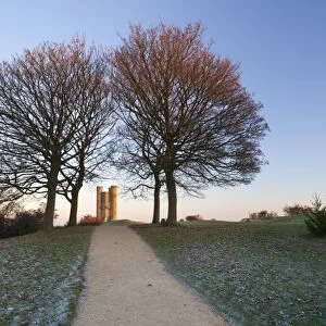 Broadway Tower framed by trees in winter frost at sunrise, Broadway, Cotswolds, Worcestershire