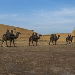 Bronze Camel caravan statues, Otrartobe settlement, Turkistan, Kazakhstan, Central Asia, Asia