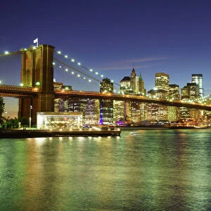 Brooklyn Bridge and Lower Manhattan skyline at night, New York City, New York, United States of America, North America