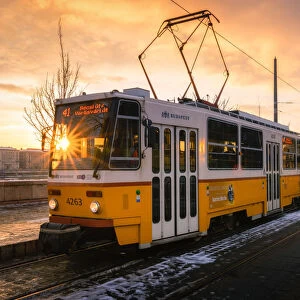 Budapest tram at sunrise, Budapest, Hungary, Europe