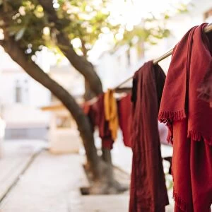Buddhist monks robes hanging to dry, Amarapura, Mandalay, Mandalay Region, Myanmar (Burma)