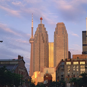 The C. N. Tower and city centre skyscraper at dawn, Toronto, Ontario, Canada, North America