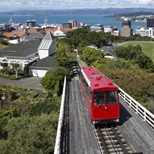 Cable car and view over Wellington city and harbour, North Island, New Zealand, Pacific