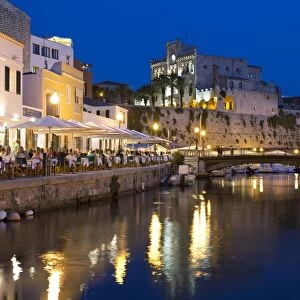 Cafe Balear and Ayuntamiento de Ciutadella at night, Ciutadella, Menorca, Balearic Islands