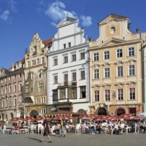 Cafes and gabled buildings on the Old Town Square in Prague, Czech Republic, Europe