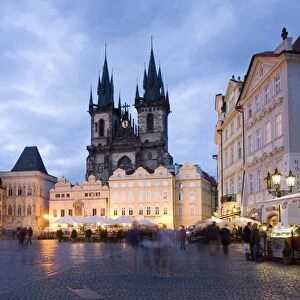 Cafes on the Old Town Square in the evening, with the Church of Our Lady before Tyn in the background, Old Town, Prague, Czech