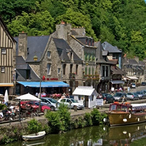 Cafes and restaurants, Dinan harbour beside the Rance River, Dinan, Brittany, France, Europe