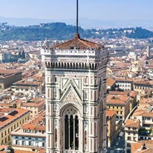 Campanile of Giotto and city view from the top of the Duomo, Florence (Firenze), UNESCO World Heritage Site, Tuscany, Italy, Europe