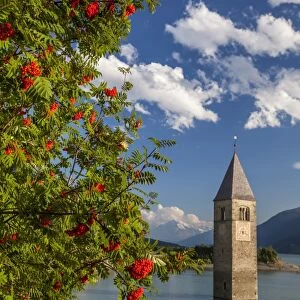 Campanile nel Lago di Resia, rising above Lago di Resia (Reschensee) (Lake Reschen), a reservoir beneath which are the submerged hamlets of Arlung, Piz, Gorf and Stockerhofe, South Tyrol, Italy, Europe
