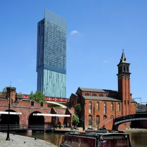 Canal boat at Castlefield with the Beetham Tower in the background, Manchester