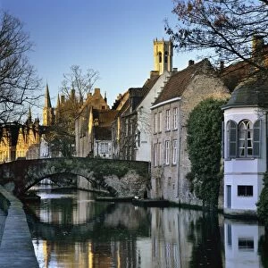 Canal view with Belfry in winter, Bruges, West Vlaanderen (Flanders), Belgium, Europe