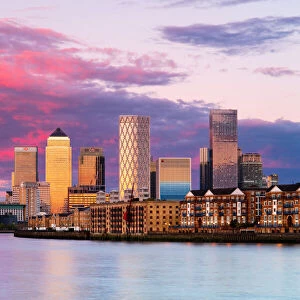Canary Wharf and Rotherhithe at sunset, Docklands, London, England, United Kingdom