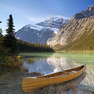 Canoe at Cavell Lake with Mount Edith Cavell in the Background, Jasper National Park