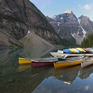Canoes moored on Moraine Lake, Banff National Park, UNESCO World Heritage Site