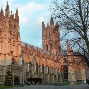 Canterbury Cathedral, UNESCO World Heritage Site, with nativity diorama at dusk, Canterbury, Kent, England, United Kingdom, Europe