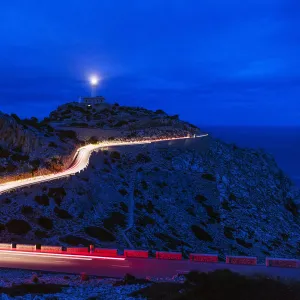 Car light trails, Cap Formentor lighthouse, Majorca, Balearic Islands, Spain, Mediterranean