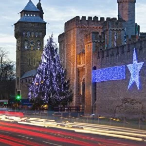 Cardiff Castle with Christmas lights and traffic light trails, Cardiff