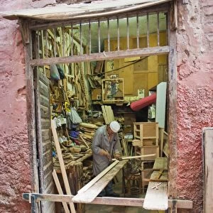 Carpenter in his workshop in the souk of Marrakech, Morocco, North Africa, Africa