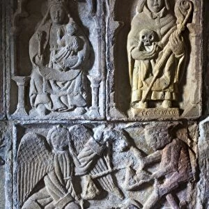 Carved detail on the stone tomb of Alasdair Crotach, one of the Chiefs of the MacLeods of Harris, inside the 15th century church of St. Clements, Rodal, Isle of Harris, Outer Hebrides, Scotland, United Kingdom, Europe