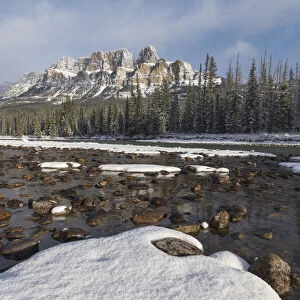 Castle Mountain and the Bow River after an early winter snowfall, Banff National Park, UNESCO World Heritage Site, Alberta, Canadian Rockies, Canada, North America