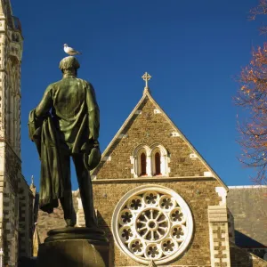 Cathedral and statue of John Robert Godley (founder of Canterbury)