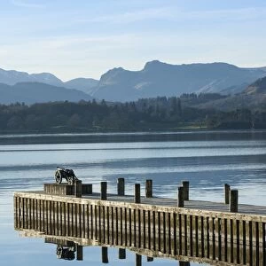 Central Fells, Scawfell, and the Langdale Pikes viewed from Low Wood race cannon, across Lake Windermere, South Lakes, Lake District National Park, Cumbria, England, United Kingdom, Europe