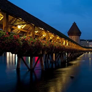 Chapel bridge at dusk, Lucerne, Switzerland, Europe