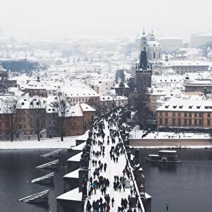 Charles Bridge over the Vltava River in winter, UNESCO World Heritage Site, Prague