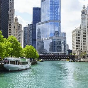 Chicago River with Trump Tower and Wrigley Building, Chicago, Illinois, United States of America