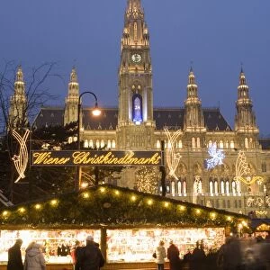Christkindlmarkt (Christmas Market) and Rathaus (Town Hall) at Rathausplatz at twilight