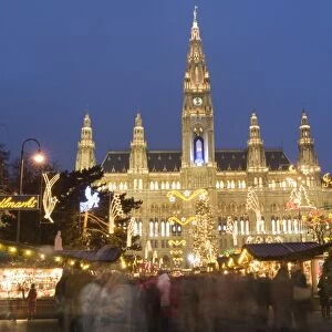 Christkindlmarkt (Christmas Market) and Rathaus (Town Hall) at Rathausplatz at twilight