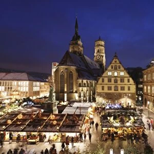 Christmas fair on Schillerplatz square with Stiftskirche church, Stuttgart, Baden Wurttemberg, Germany, Europe