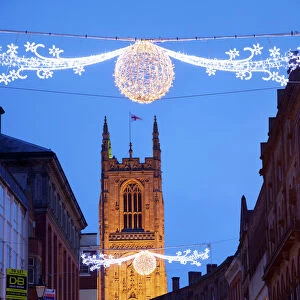 Christmas lights and Cathedral at dusk, Derby, Derbyshire, England, United Kingdom